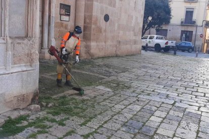 Operaris d'FCC netejant el pla de la Seu.