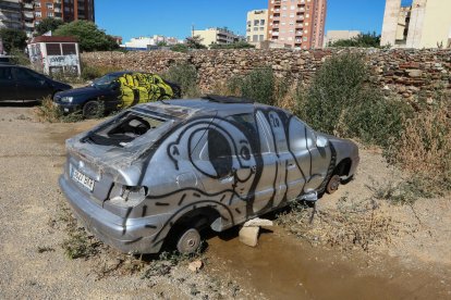 Alguns turismes que semblen abandonats s'aguanten sobre pedres i estan coberts de pintades