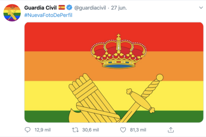 El tuit con la nueva bandera de fondo dell perfil de la Guardia Civil.