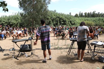 Els músics Algora d'esquena actuant en la novena edició de l'Eufònic als Ullals de Baltasar d'Amposta.