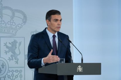 El president del govern espanyol, Pedro Sánchez, durant la declaració institucional sobre la situació del coronavirus al Palau de la Moncloa