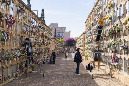 Aspecte que oferia ahir dijous al matí un dels carrers del cementiri de Tarragona, amb molta gent condicionant els nínxols.