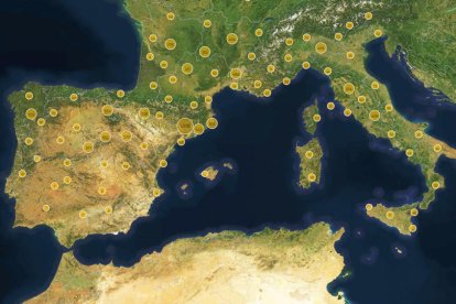 Mapa del visor on es marca el nombre de restes localitzades a cada territori.