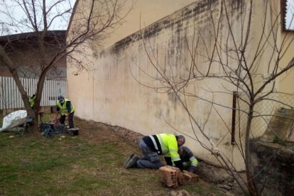 Imatge de les tasques de restauració a l'exterior del mur septentrional.