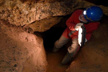 Búsqueda de grabados rupestres en la cueva de la Fone Major de l'Espluga de Francolí.