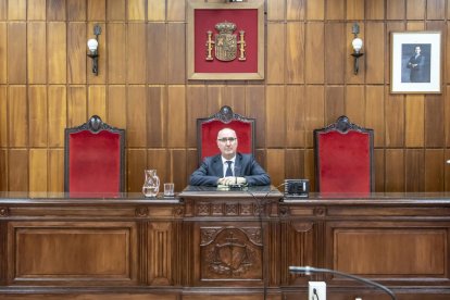 Imagen del presidente de la Audiencia, Joan Perarnau, durante la presentación de la memoria.