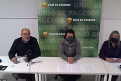 Un moment de la roda de premsa telemàtica d'UP per anunciar tractorades.