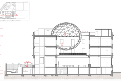 Plànol de com hauria de ser la remodelació interior de l'edifici, amb una gran esfera de tres pisos.