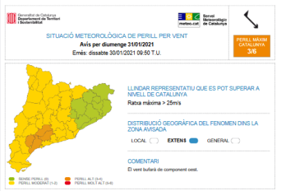 Situació de perillper vent de cara a diumenge.