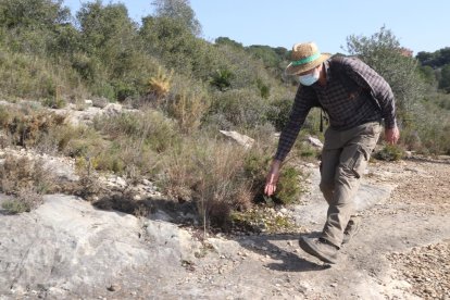 Jordi López marcando por donde pasaba el acueducto del Francolí, en un tramo donde sólo se observa la piedra recortada.