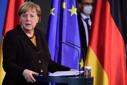 Merkel en una roda de premsa realitzada avui.