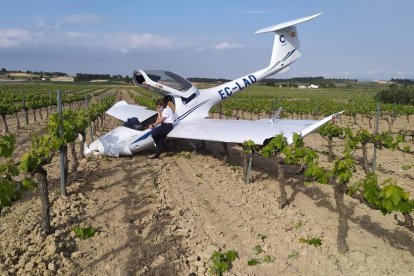 Plano general de la avioneta del CESDA y del piloto hablando por teléfono encima de un ala.