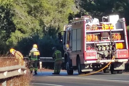 Los bomberos limpiando la vía.