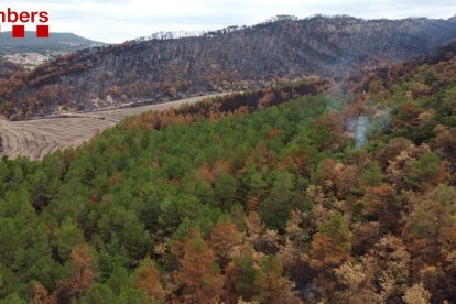 El pequeño resurgimiento|avivamiento del incendio de la Conca de Barberà y Anoia en la zona del río Boix