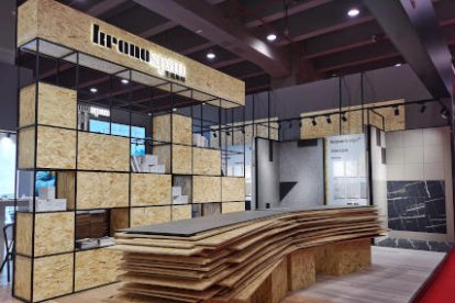 Un escaparate de material de la empresa Kronospan en la feria Interzum Guangzhou 2021.