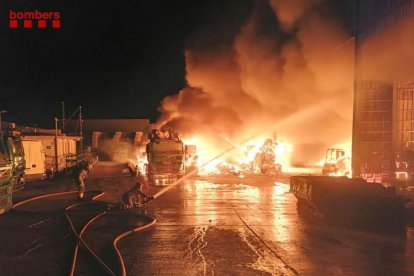 Efectius dels Bombers treballant en l'incendi a Amposta.