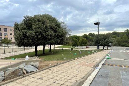 Restes de begudes, llaunes i plàstics després del macrobotellot al campus de la UAB.