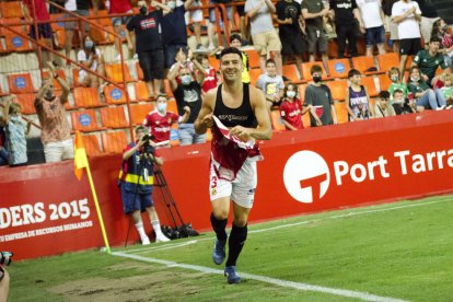 Javi Bonilla, después de marcar el segundo gol contra el Betis Deportivo.