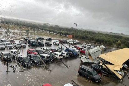 Los vehículos dañados por la caída de una parte de la estructura metálica del aparcamiento de la escuela agraria Irta Mas Bové, en Constantí.