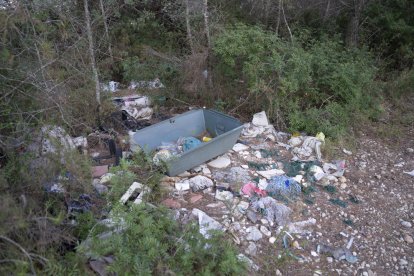 Vertido de residuos y desechos en el bosque adyacente a la ermita del Llorito de Tarragona.