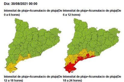 Mapa d'intensitat de pluja on es pot veure que la demarcació de Tarragona patirà intenses precipitacions.