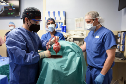 El equipo quirúrgico de la Facultad de Medicina de la Universidad de Maryland, liderado por el cirujano Muhammad M. Mohiuddin (centro), con el corazón de cerdo modificado genéticamente que fue trasplantado con éxito al paciente David Bennett.