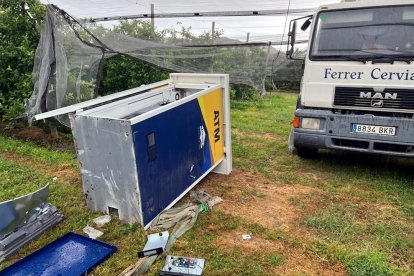 En primer terme, el caixer desmuntat a peces; al fons, el camió robat abandonat al camp de pomeres de Torroella de Montgrí.