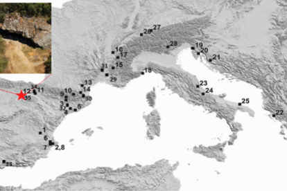 Ubicación de varios yacimientos con secuencia de fumier a lo largo de la cuenca mediterránea (modificado de Angelucci, et al. 2009).