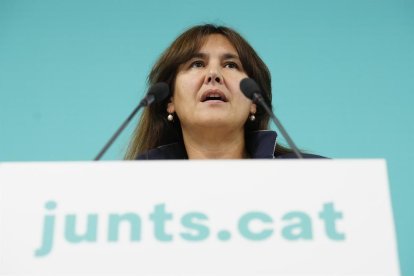 Imatge de Laura Borràs a la roda de premsa d'aquest divendres a la tarda.