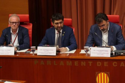 El vicepresidente de la Generalitat, Jordi Puigneró, en el centro, y el director general de Políticas de Montaña y del Litoral, Jesús Fierro, a la izquierda, compareciendo en la Comisión de estudio sobre la protección del delta del Ebre en el Parlament.