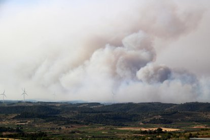 Columna de fum de l'incendi de Corbera d'Ebre al costat de dos aerogeneradors.