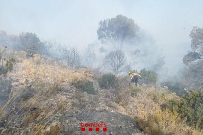 Un miembro del Cuerpo trabaja en la extinción del fuego en la Terra Alta.