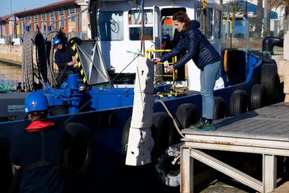 Operarios del Port de Tarragona y de la empresa Ocean Ecostructures colocando uno de los biotopos en las Escaleras Reales.