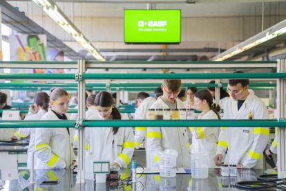 Alumnes de l'Institut Fontanelles experimentant en un laboratori de la URV.