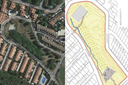 Imatge del parc actualment i el plànol on es projecta el nou camí i els canvis en el parc infantil.