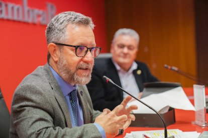 El president del Port de Tarragona, Saül Garreta, durant la conferència a la Cambra de Comerç.