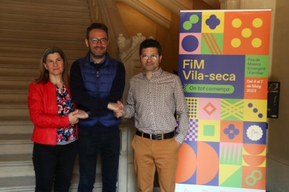 Pere Segura, Manuela Moya i Martí Marfà, en la presentació de la FiM de Vila-seca.