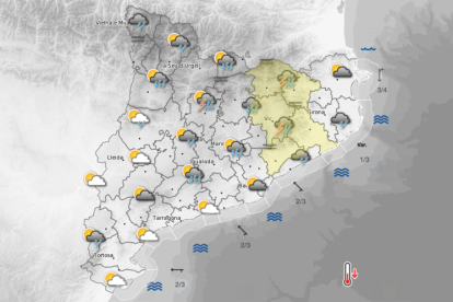 Imagen de la previsión del Meteocat para el domingo por la tarde, cuando las precipitaciones podrían realizar acto de presencia en toda Catalunya.