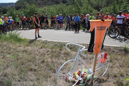 Una bicicleta blanca i un ram de flors