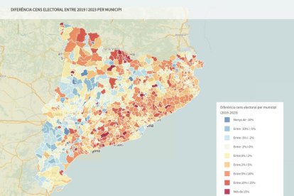 Mapa municipal de la diferencia en el número de personas en el censo electoral de las elecciones del 28-M comparado con las locales de hace cuatro años.