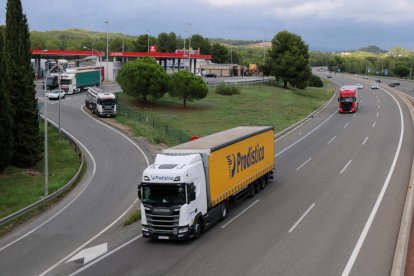 Camions circulant per l'AP-7, a l'alçada de l'àrea de servei del Mèdol.