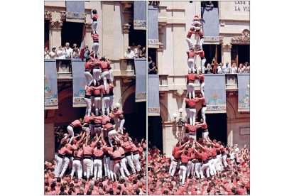 A l'esquerra el 4 de 9 amb folre i pilar de la Vella i, a la dreta, el 3 de 9 amb folre de la Joves.