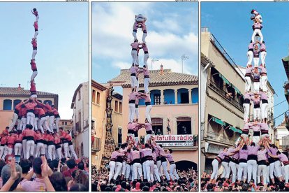 A l'esquerra, la Vella carregant el pilar de 8 amb folre i manilles. Al centre, els Xiquets fent un 3d9f i, a la dreta, la Jove el 3 de 9 amb folre, ambdós estrenats el cap de setmana.