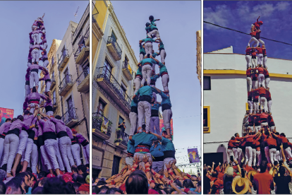 D'esquerra a dreta: el 3de9f de la Jove i el 4de8 dels Castellers de SPiSP al Cós de Bou, i el 4de9f de la Joves, a la Bisbal.