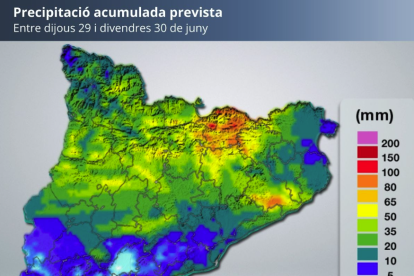 Precipitación acumulada prevista en Cataluña según Meteocat.