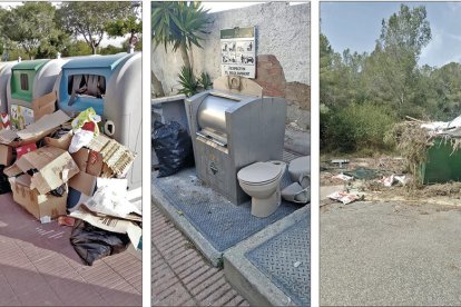 Imatges facilitades per l'Ajuntament dels Pallaresos on es constata l'acumulació de voluminosos, cartons i restes de poda a diversos espais.