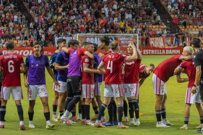 Els jugadors del Nàstic celebrant una victòria aquest curs.