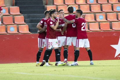 L'útlim fitxatge del Nàstic, Jaume Jardí, durant la celebració del seu gol contra l'Andorra.