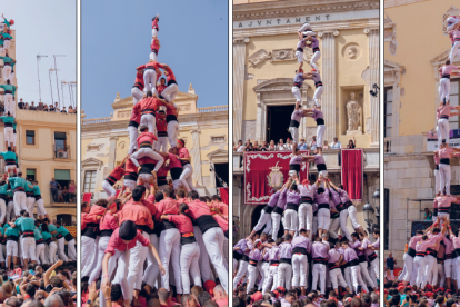 D'esquerra a dreta, el 3de10fm carregat dels Castellers de Vilafranca, el 4de9fp de la Vella, el 2de9fm de la Jove de Tarragona i el 4de9f dels Xiquets, ahir, a la plaça de la Font.