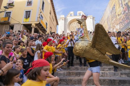 Los elementos del Seguici Petit que participan en la Baixadeta, llenaron de fiesta las escalas de la Catedral.